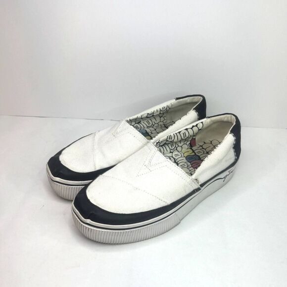Toms Boardwalk Venice Canvas Platform Slip Ons Flats White Black Monogram Womens - Picture 2 of 10